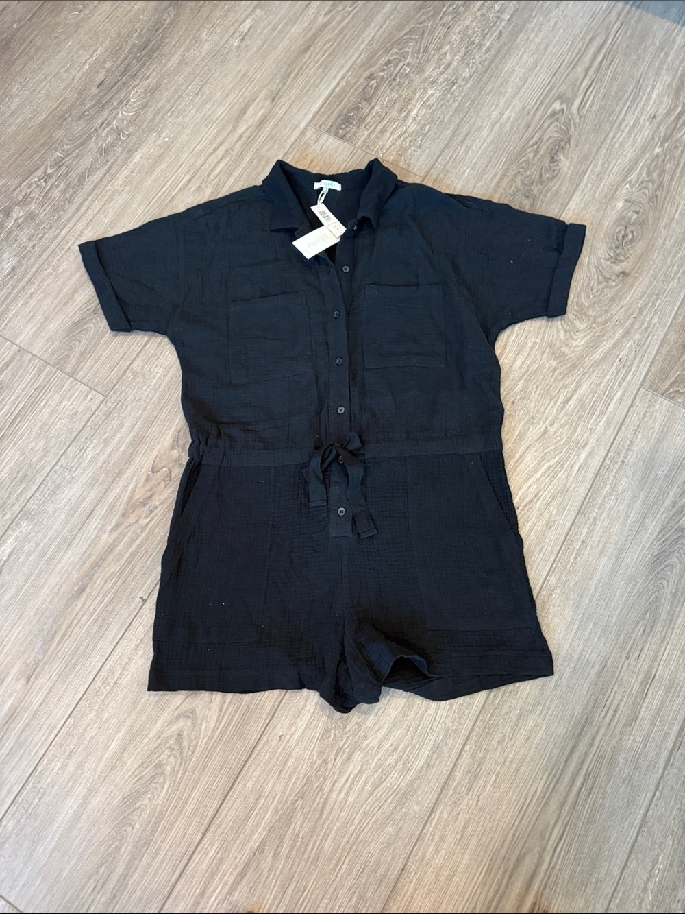 Z Supply Black Short-Sleeve Button Front One-Piece Romper